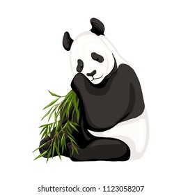 Panda bear eating bamboo. Vector illustration without gradients and transparency.  Isolated on white background.