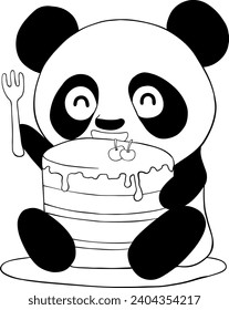 oso panda comiendo pastel negro y blanco