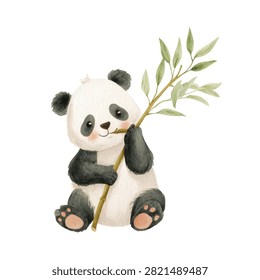 Panda bear eating green leaves happily