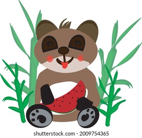 El oso panda está comiendo sandía deliciosamente.