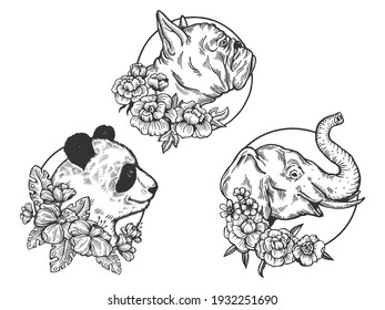 Panda bear Elephant Bulldog heads animal set tattoo with flowers sketch engraving vector illustration. T-shirt apparel print design. Scratch board imitation. Black and white hand drawn image.