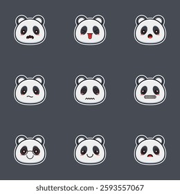 panda bear emoticons set on a gray background