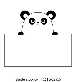 Panda bear face head silhouette hanging on paper board template. Paw hands. Contour line. Funny baby. Cute cartoon character Love card. Kawaii animal. Flat design. White background Vector illustration