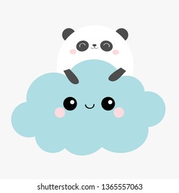 Panda bear face holding blue cloud in the sky. Cute cartoon kawaii funny smiling baby character. Nursery decoration. Kids print. White background. Flat design. Vector illustration
