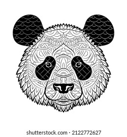 Panda Bär Gesicht. Portrait von Riesenpanda einzeln auf weißem Hintergrund. Malte ethnische Ornamente. Chinesisches Design. Kann für die Gestaltung von T-Shirt, Tasche, Postkarte, Poster, Banner verwendet werden. Logo. Symbol. Vektorgrafik.