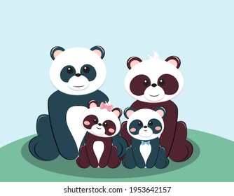 Panda bear family with four animals