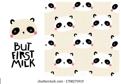 Oso Panda. Pero la primera leche. La cara corta de un animal con letras y patrones sin costura. Papel infantil para guardería en estilo escandinavo. Dibujo de dibujos animados en colores pastel.
