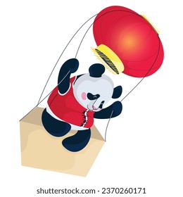 Panda bear flies on a Chinese lantern. Flat vector illustration, eps10