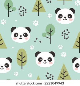 Panda bear forest mint green pastel colors, kids scandinavian style seamless pattern background with green trees and footprints. Baby cloth, fabric and textile design.