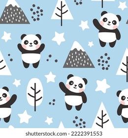 panda bear forest, trees, pines, stars blue seamless pattern for kids