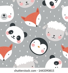 panda bear fox sheep and penguin seamless pattern background, vector illustration, animal cartoon pattern