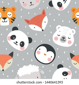 panda bear fox tiger sheep and penguin seamless pattern background, vector illustration, animal cartoon pattern