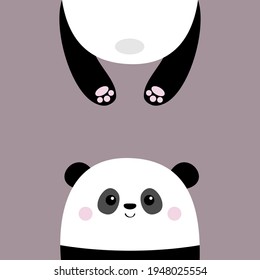 Panda bear. Funny face head silhouette. Kawaii animal. Hanging fat body with paw print, tail. Cute cartoon baby character. Pet collection. Flat design. Sticker print. Violet background. Vector