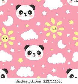panda bear girly pink sky seamless pattern background, kids cute woodland animals with clouds and stars fabric and textile print. Decor elements design.