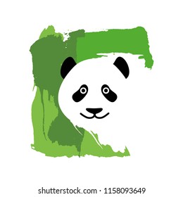 Panda bear and green brush strokes. Vector icon.