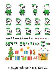 Panda bear in green Christmas outift creation set, various Christmas design elements. Vector illustration bundle