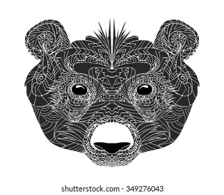 panda bear grizzly closeup muzzle high detailed hand drawn cartoon art vector grey zentangle