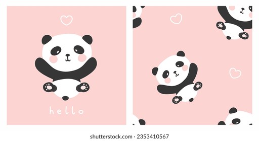 panda bear hand drawn cute flying with hearts on a soft pastel pink background, cute kids seamless pattern