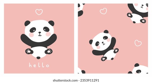 panda bear hand drawn cute flying with hearts on a pink background, cute kids seamless pattern