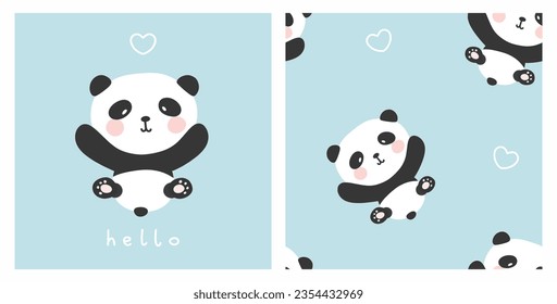 panda oso mano dibujado lindo volando con corazones en un fondo azul, lindos niños patrón sin costura