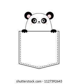 Panda bear head face in the pocket. Holding paw hands. Doodle linear sketch. Cute cartoon character. T-shirt design. Dash line. Pet animal. White black color. Baby background. Flat design Vector