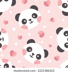 panda bear with hearts and dots, kids seamless pattern background, pastel pink vector design for wrapping paper, fabric and textile print.