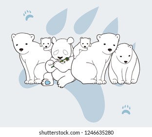 Panda bear hidden in polar bears. hide and seek. wear a mask. Panda bear stealth. Humorous picture.
