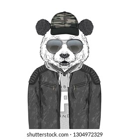 panda bear hipster dressed up in modern urban outfits like leather jacket hoodie and cap with camouflage pattern, furry art illustration, fashion animals