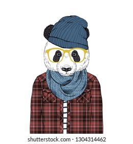 panda bear hipster dressed up in plaid shirt beany hat and knitted scarf, furry art illustration, fashion animals