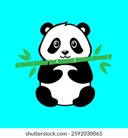 A panda bear holding a bamboo branch on a blue background