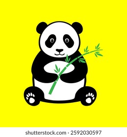 A panda bear holding a bamboo branch on a yellow background