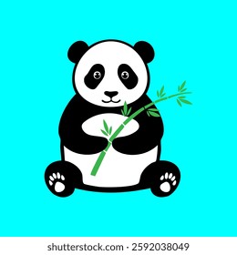 A panda bear holding a bamboo branch on a blue background illustration