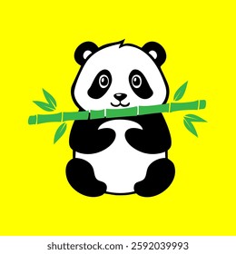 A panda bear holding a bamboo branch on a yellow background