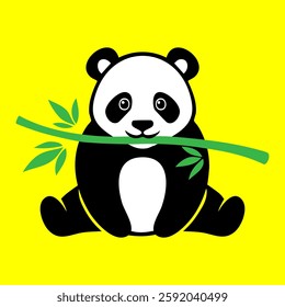 A panda bear holding a bamboo branch on a yellow background illustration