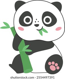 Panda bear holding bamboo stick cartoon illustration with transparent background