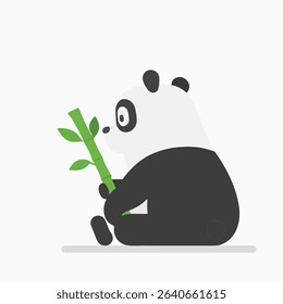 Panda Bear Holding Bamboo Stick, Cartoon Style on White