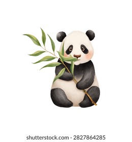 Panda bear holding green bamboo leaves