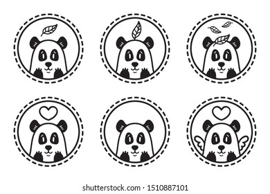 Panda bear with leaf vector logo set of illustration. Bamboo bear with heart. Chinese bear with heart and wings. Outline logo set. Set of panda emblems, icons, labels. Isolated on white background.