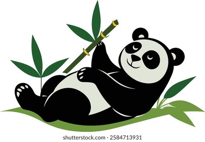 a panda bear leaning to the left on a bamboo