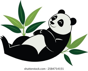 a panda bear leaning to the left on a bamboo