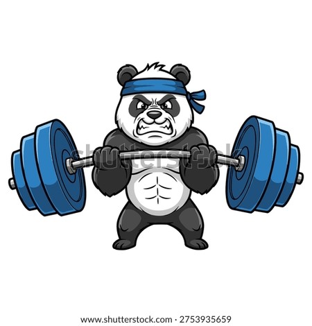 A panda bear lifting weights with a determined expression