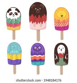 Panda, bear, lion, rabbit, owl, penguin. Fantasy ice creams with animal characters. Hand drawn vector illustrations