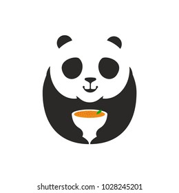 Panda Bear Logo. A Cute panda cartoon mascot holding a soup mug, perfect logo for restaurant company. Vector Illustration