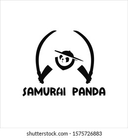 Panda Bear Logo template samurai warriors silhouette with hat and katana 