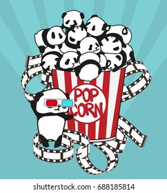 Panda bear, I love cinema, movie, popcorn, Illustration vector children, young, set. Funny drawing for children and young.