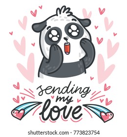 Panda bear madly in love with googly eyes and lettering text on romantic pink background with hearts. Sending my love. Hand drawn illustration in cartoon, doodle style for greeting card