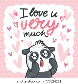Panda bear madly in love with googly eyes and lettering text on romantic pink background with hearts. I love you very much. Hand drawn illustration in cartoon, doodle style for card