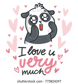 Panda bear madly in love with googly eyes and lettering text on romantic pink background with hearts. I love you very much. Hand drawn illustration in cartoon, doodle style for card