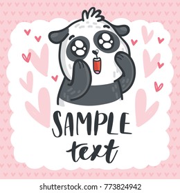Panda bear madly in love with googly eyes on romantic pink background with hearts and place for your text. Hand drawn illustration in cartoon, doodle style for greeting card, poster, banner