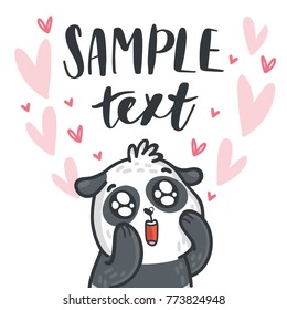 Panda bear madly in love with googly eyes on romantic pink background with hearts and place for your text. Hand drawn illustration in cartoon, doodle style for greeting card, poster, banner